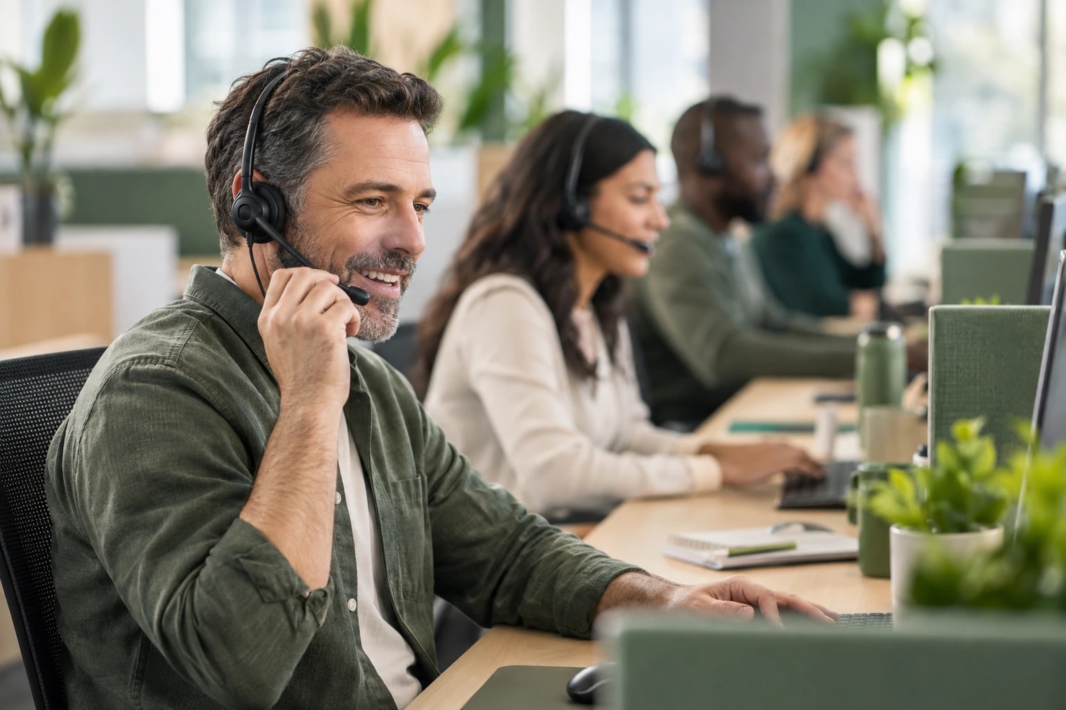 Illustrative row of telemarketers at desks mid-call, with a smiling agent in his 40s in focus in the foreground