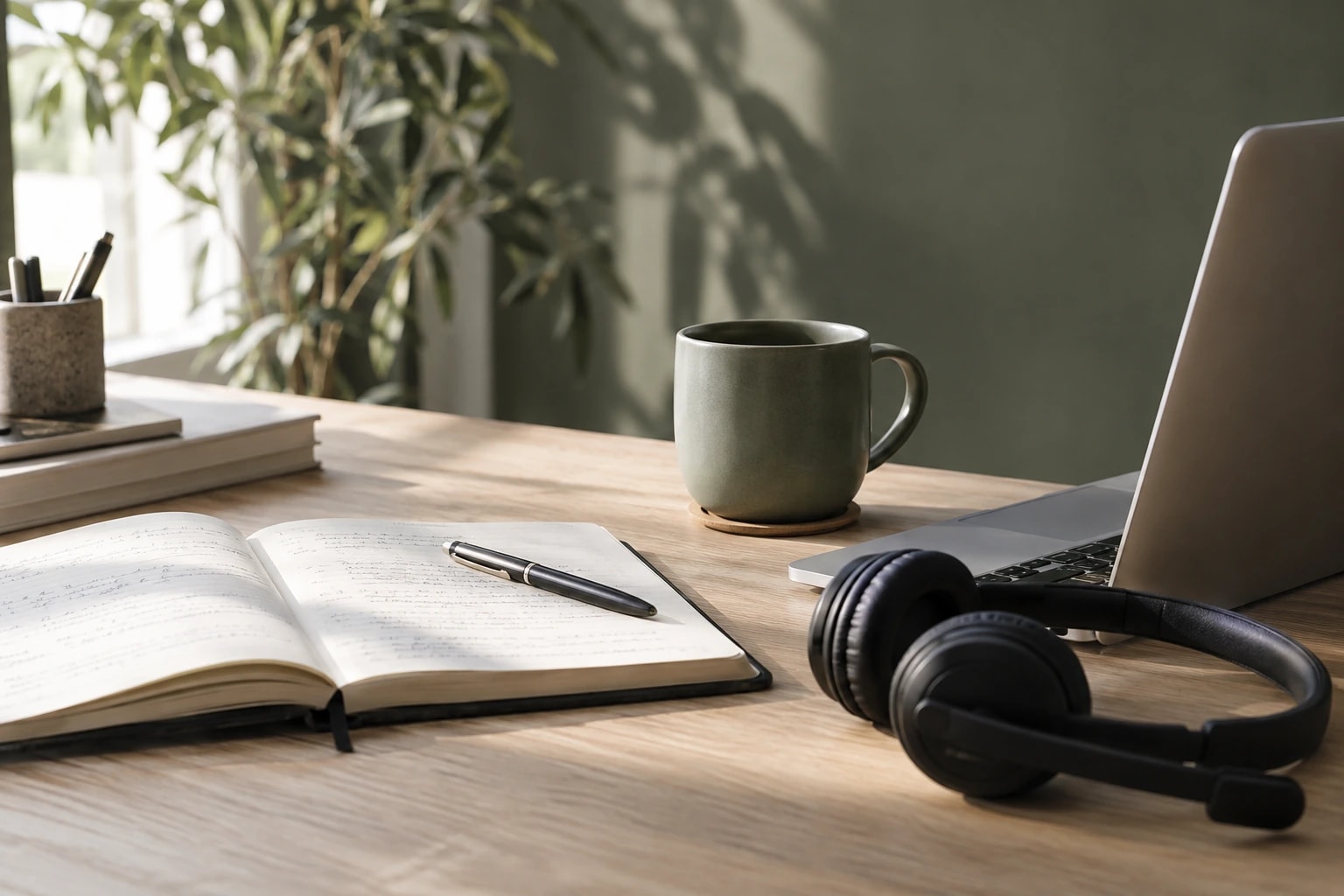 Notebook and calling headset in a sunlit workspace