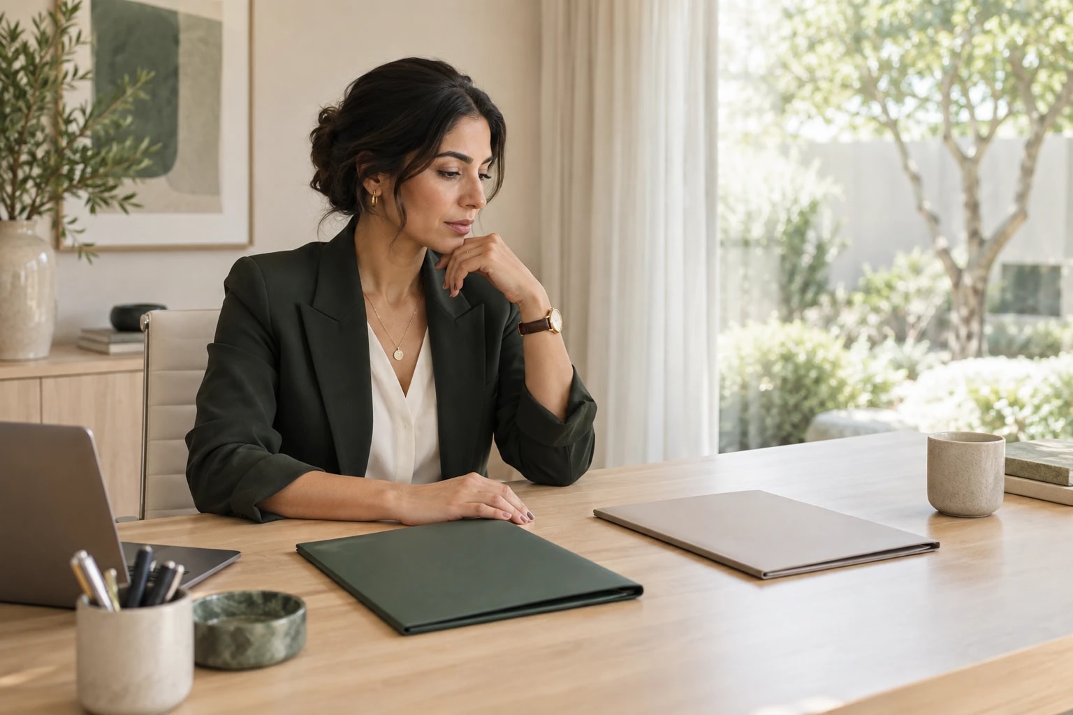 Illustrative: a founder weighing hiring against outsourcing with two folders on her desk