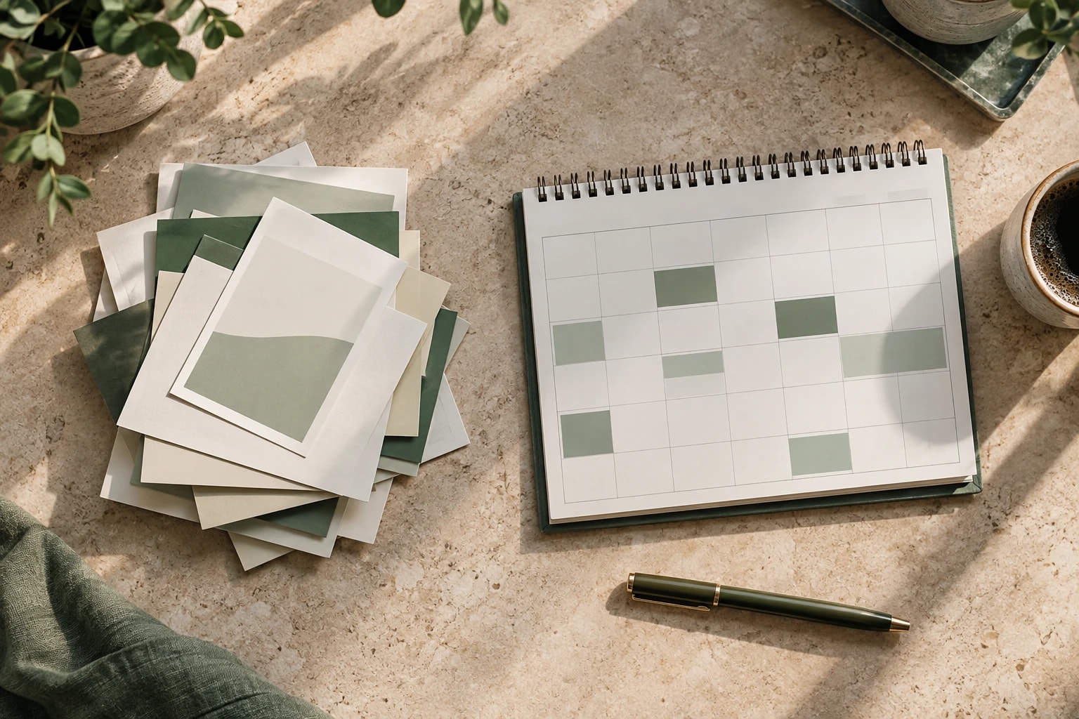 Illustrative: two stacks side by side on a desk: loose lead cards and a calendar with booked meetings