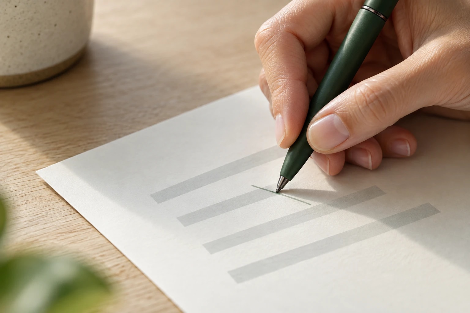Illustrative: close-up of a script page being edited with a pen, lines abstract
