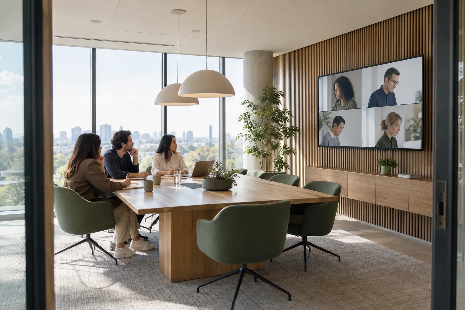 Illustrative: an in-house team in a meeting room contrasted with a partner team on a video call
