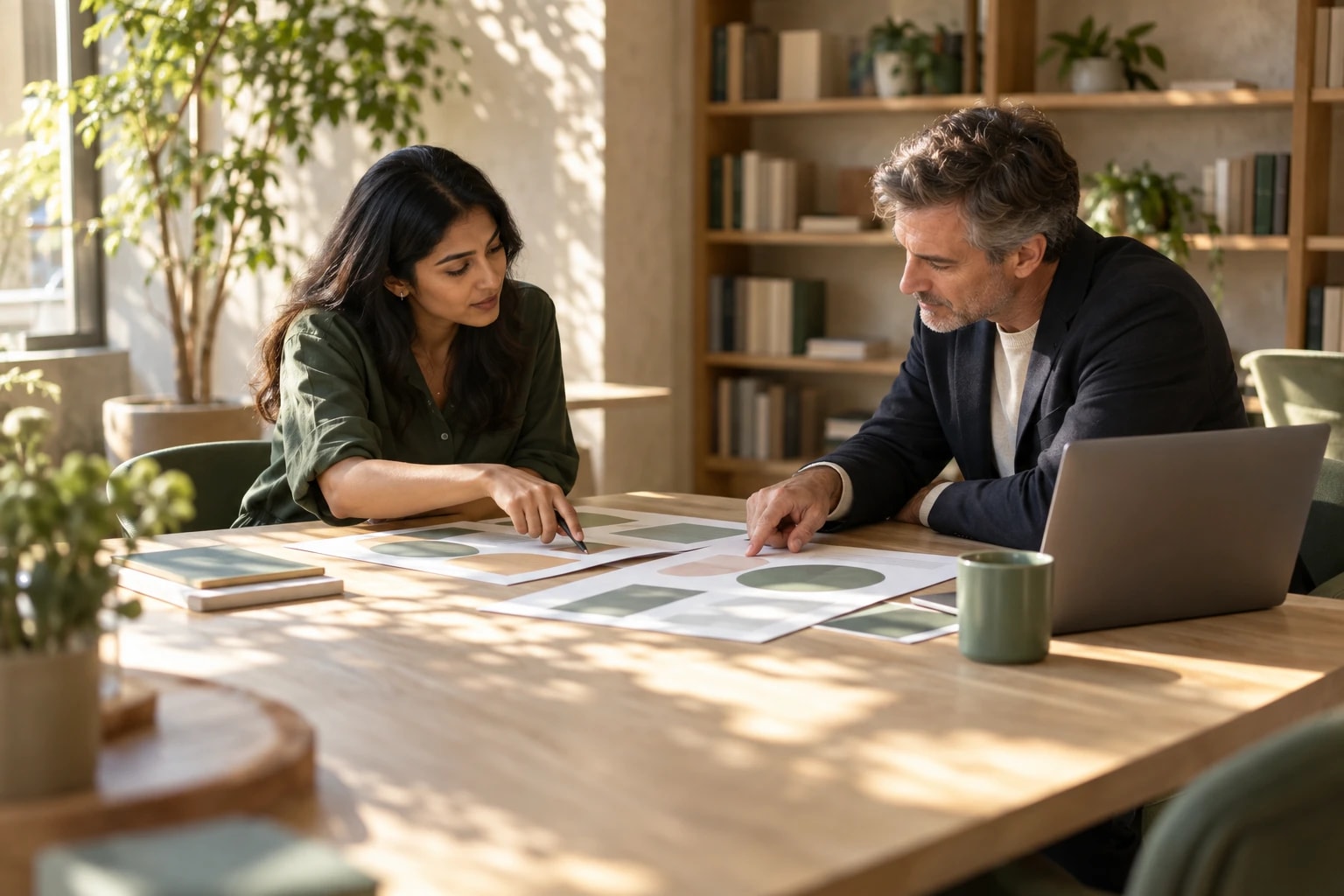 Illustrative: a marketer and a sales rep comparing notes at a shared table