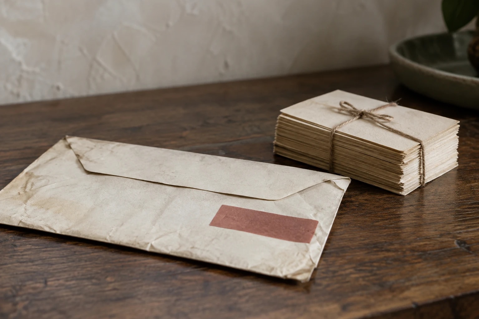 Illustrative: close-up of a returned envelope and a stack of old business cards
