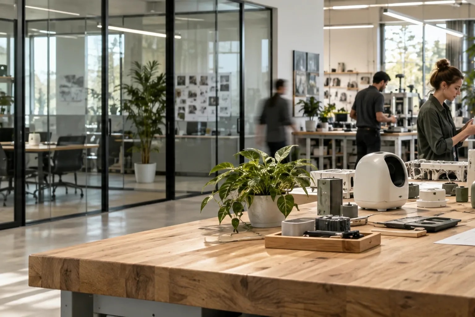Illustrative: an open-plan product workspace with sample items on a wooden table