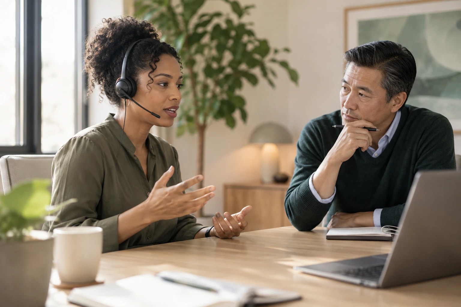 Illustrative: two reps role-playing a cold call across a desk