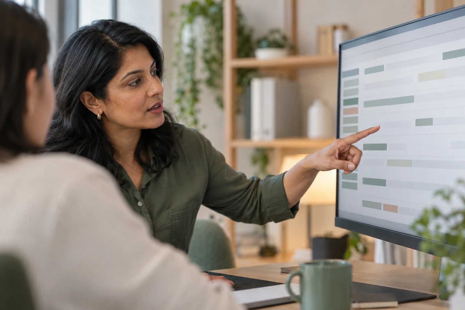 Illustrative: a sales ops manager pointing out gaps in a record list on a monitor