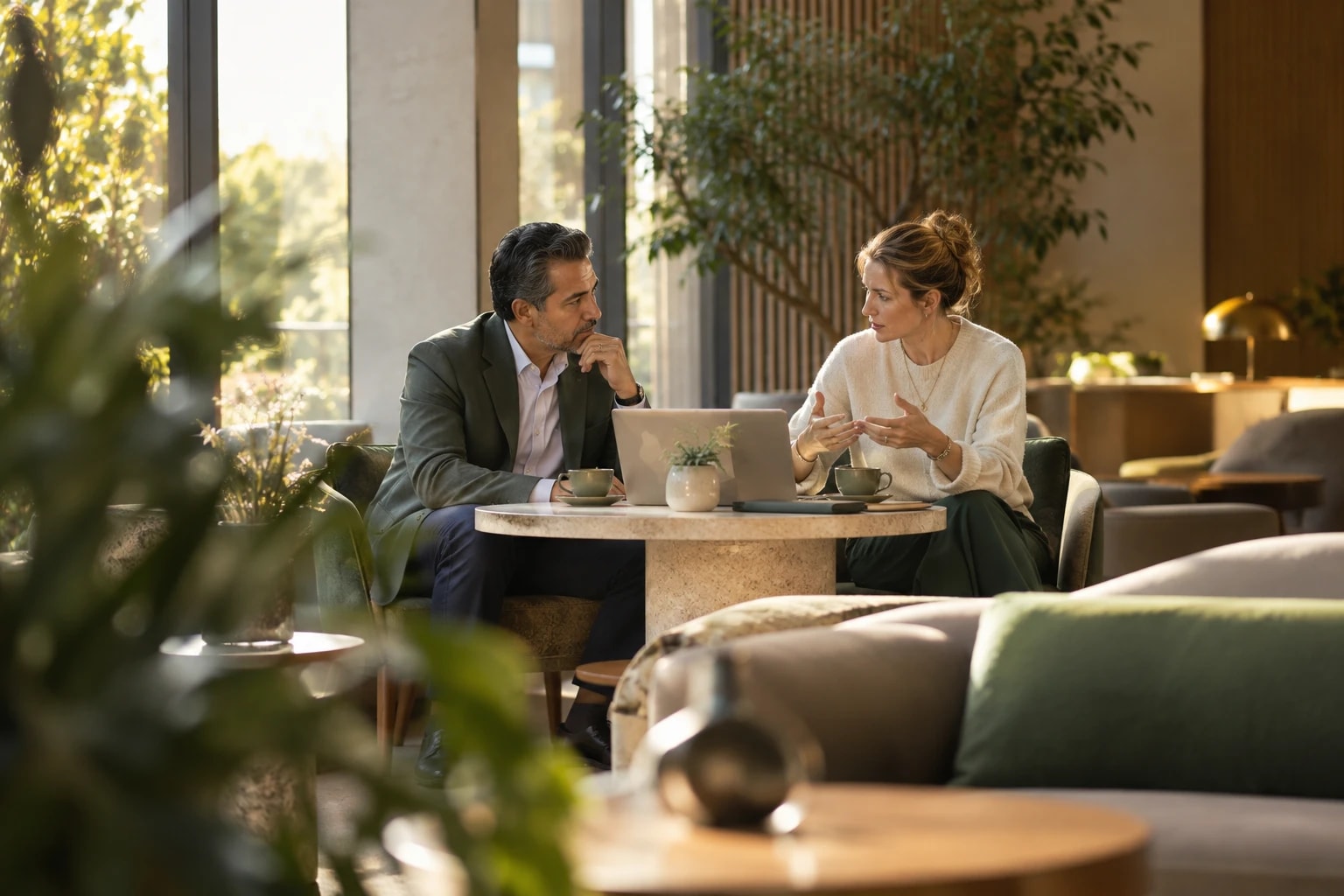 Illustrative: a finance lead and a sales lead debating options over coffee
