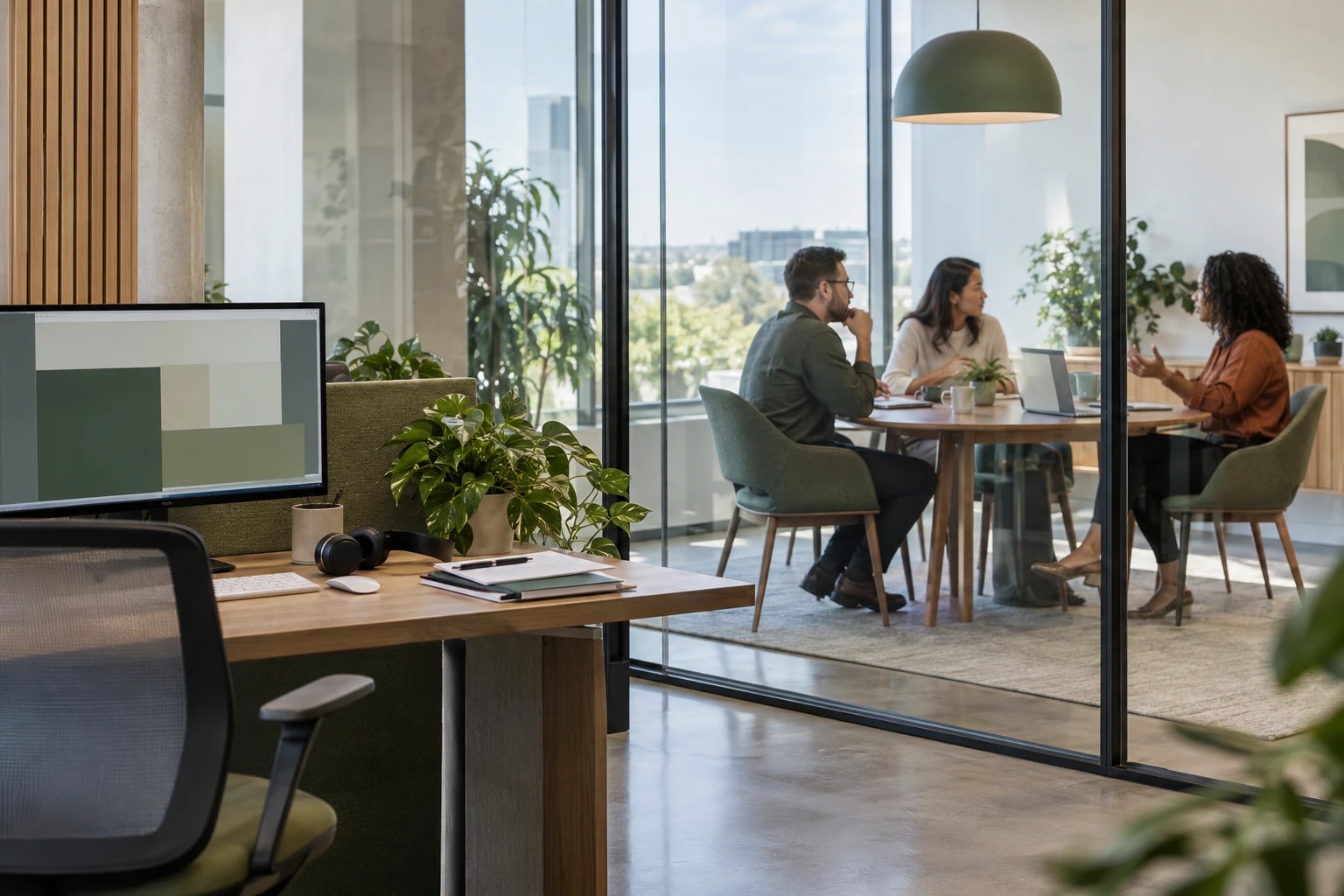 Illustrative: a split scene of a research desk and a meeting room seen through a glass wall