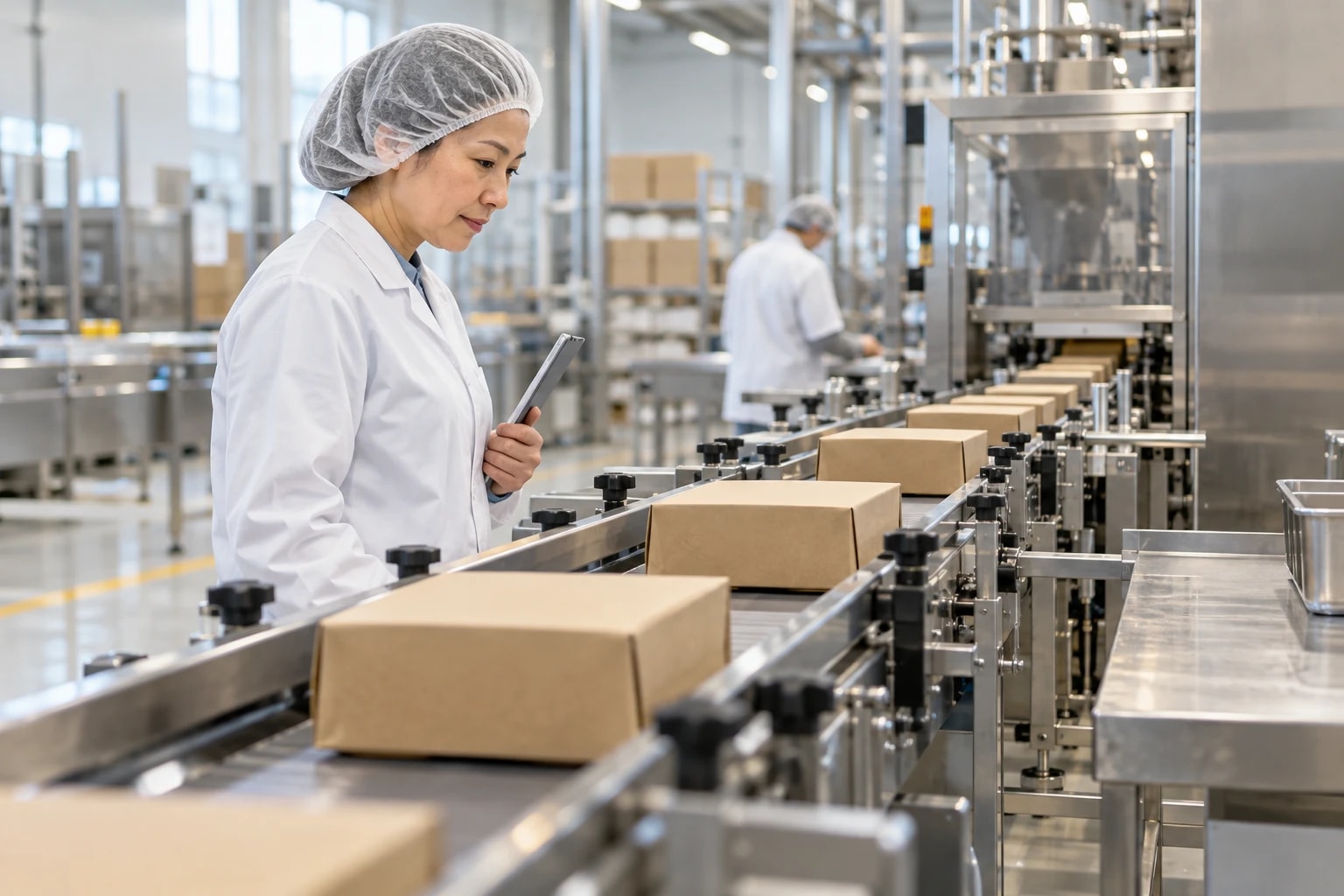 Illustrative: a food production line with packaged goods moving along a stainless conveyor