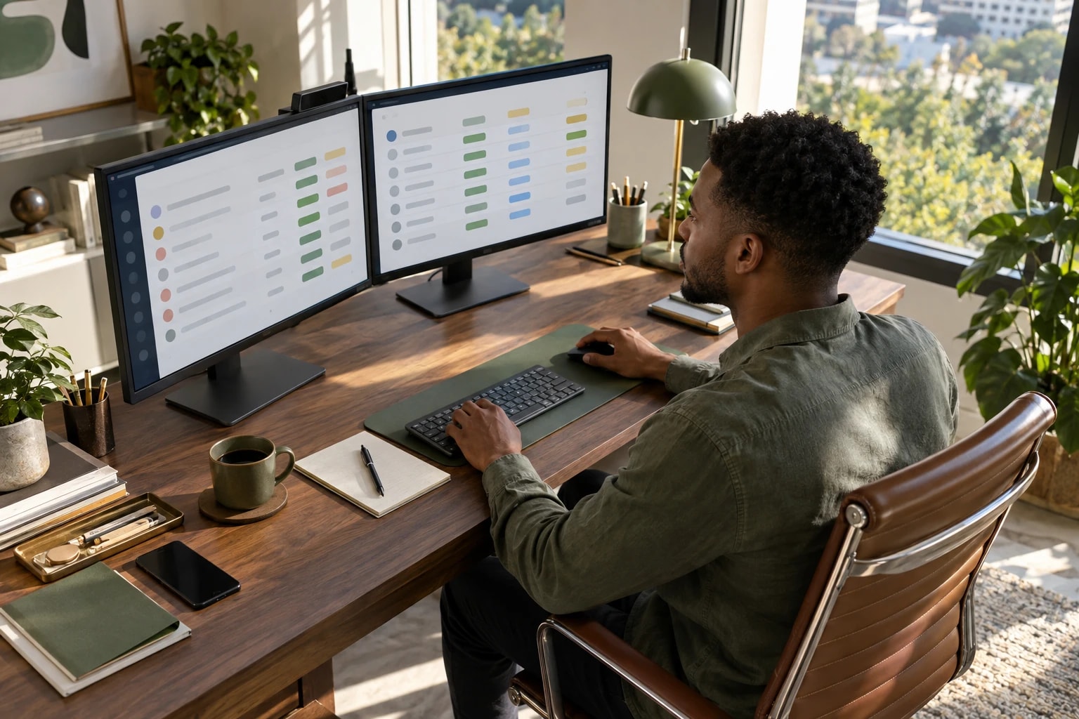 Illustrative: a marketer building a target account list on two monitors showing abstract rows and colored tags