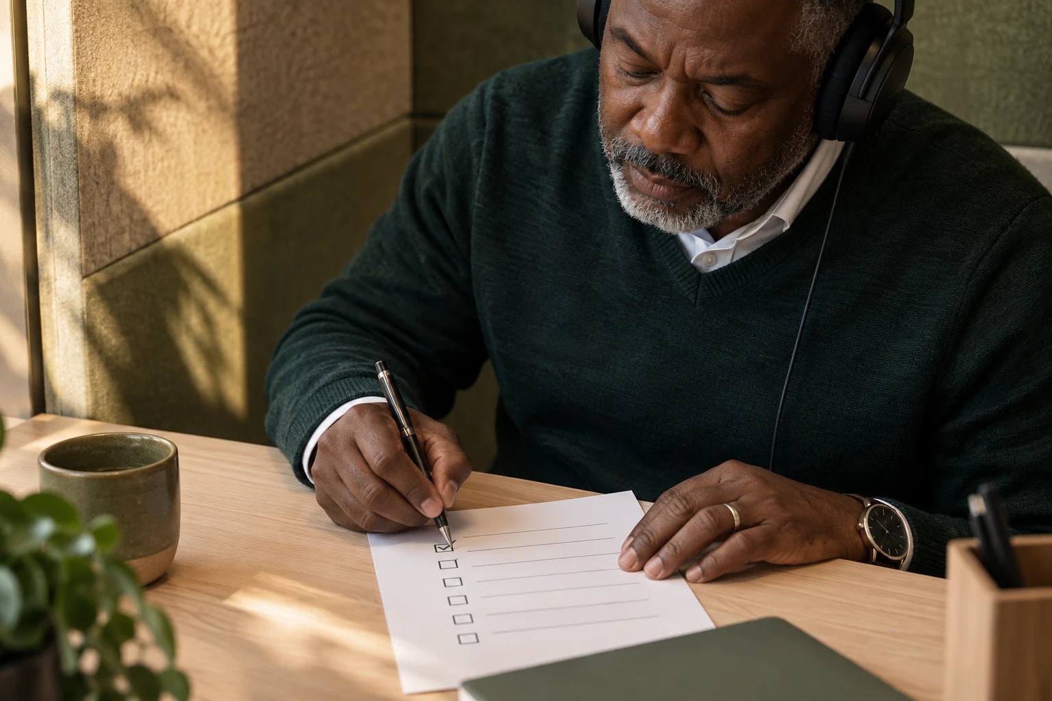 Illustrative: a sales manager ticking boxes on a printed checklist while listening to a call recording