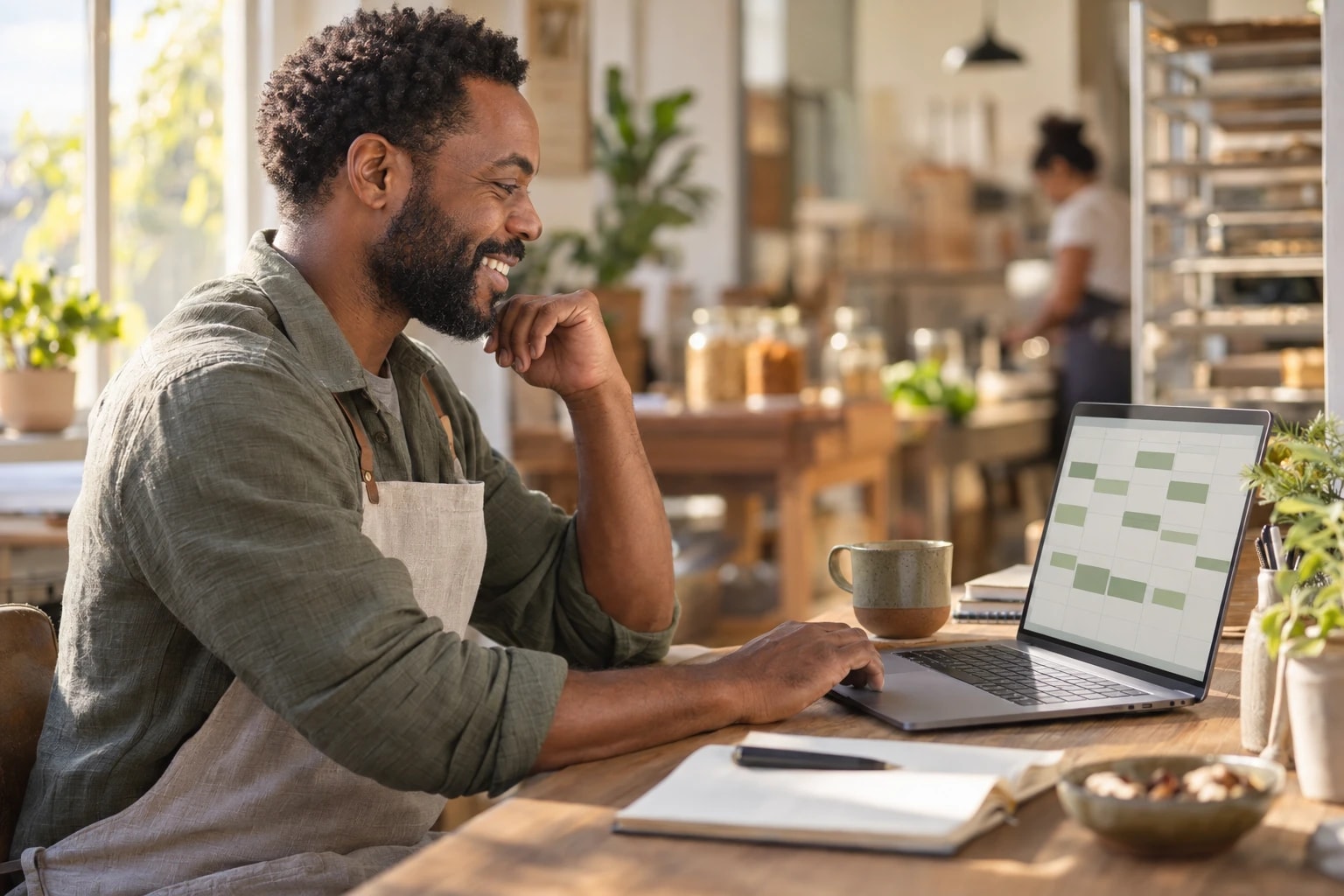 Illustrative: a business owner smiling at a laptop showing a calendar filled with soft green meeting blocks