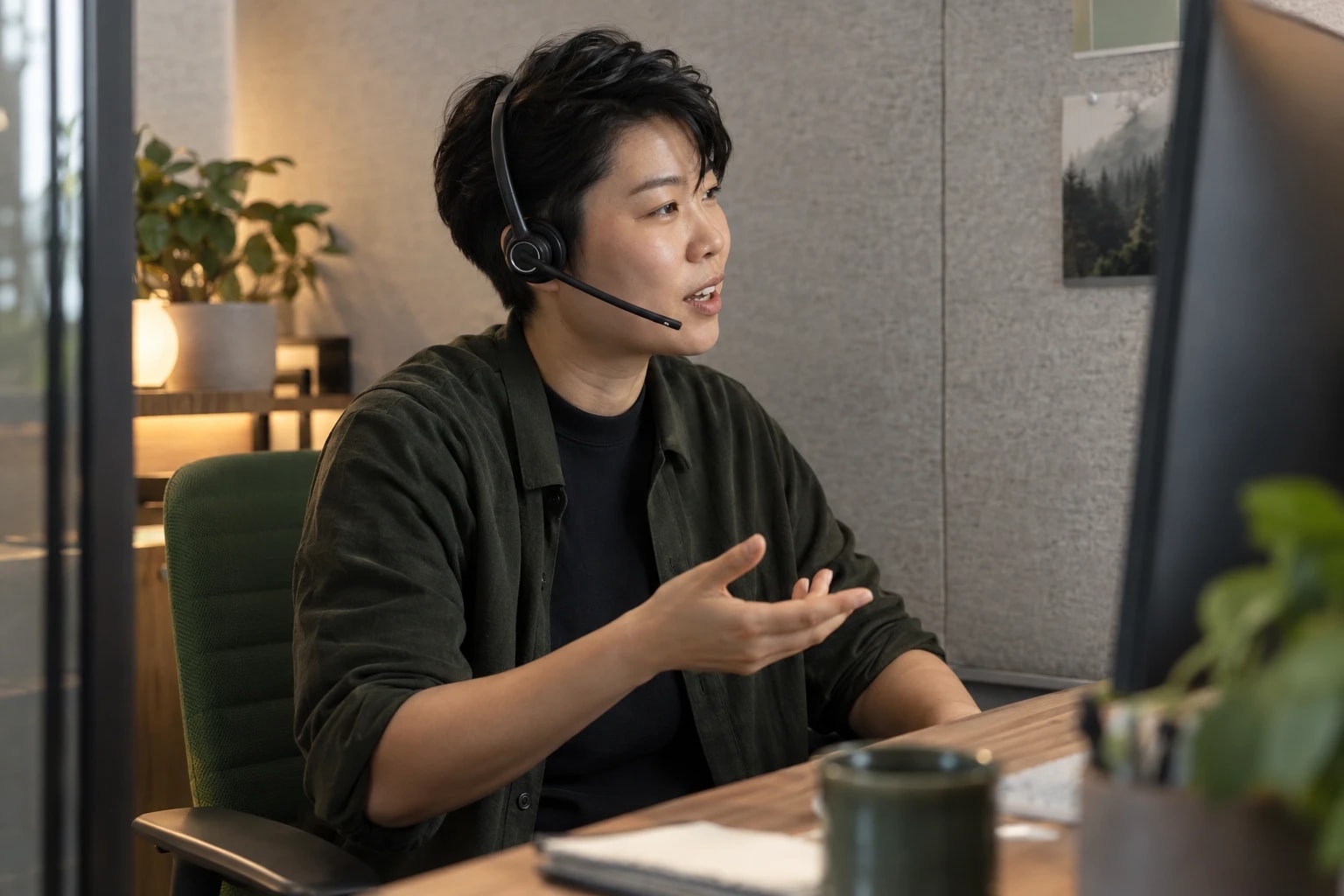 Illustrative: a telemarketer mid-conversation, gesturing with one hand while speaking into a headset