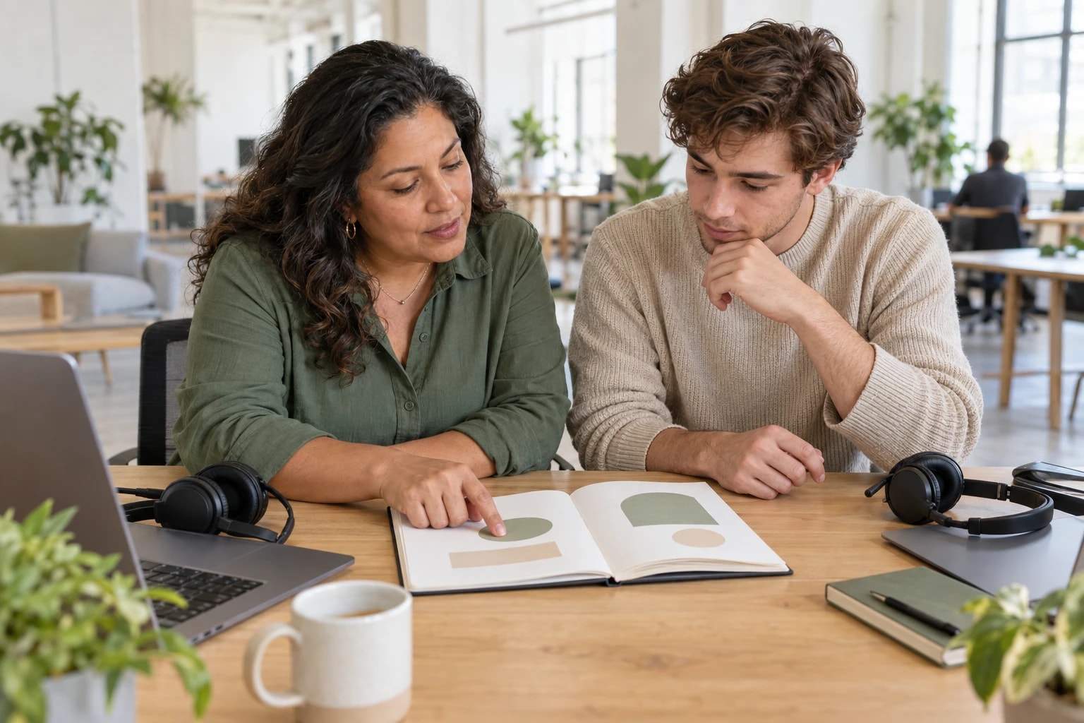 Illustrative: a team lead coaching a new caller side by side at a desk, both looking at a notebook