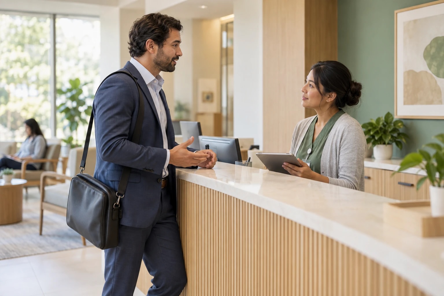 Illustrative: a medical sales rep talking with a clinic manager at a reception desk