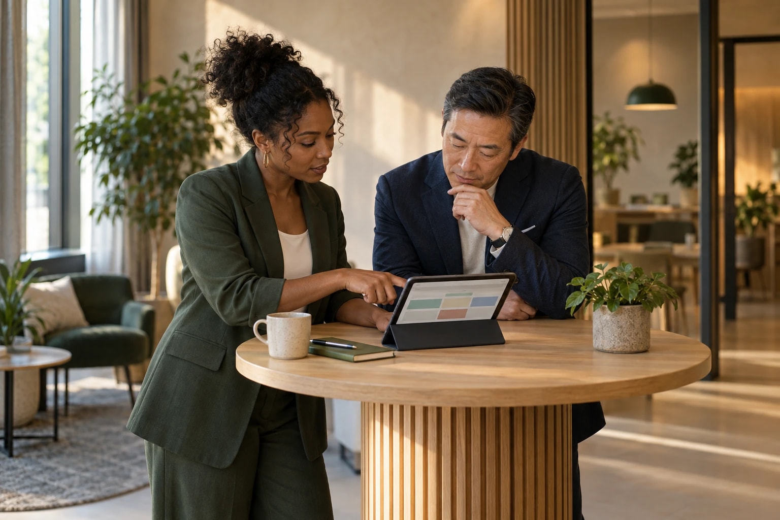 Illustrative: two sales colleagues at a standing table planning the week's meetings on a tablet