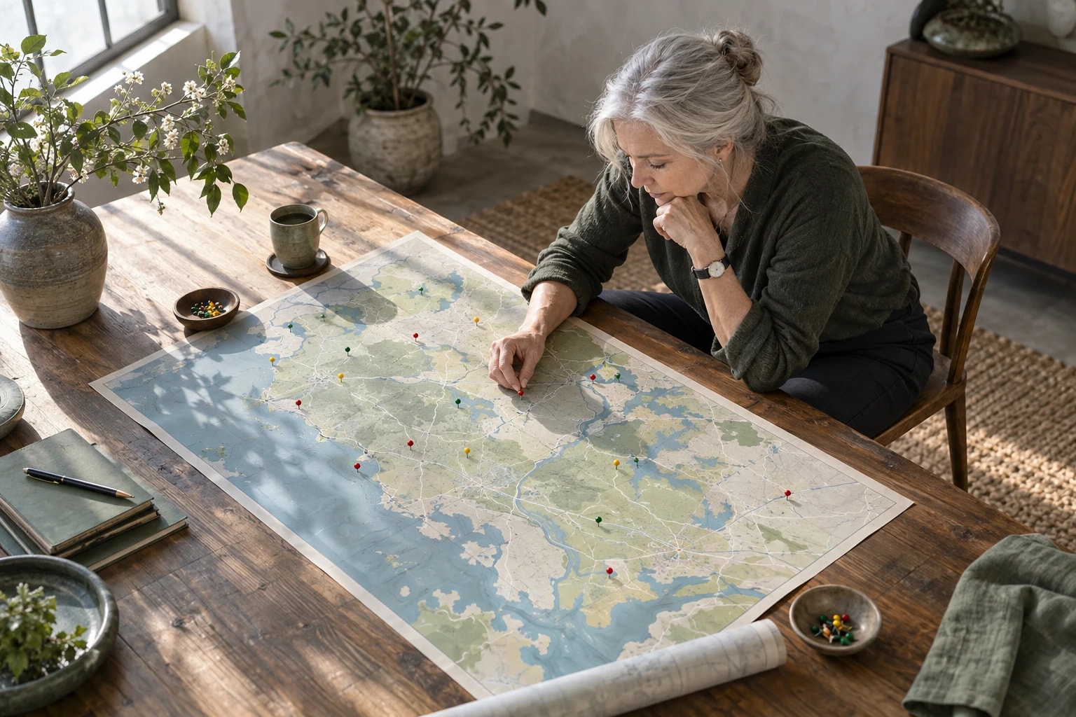 Illustrative: a researcher studying a large printed regional map with pins marking prospect locations