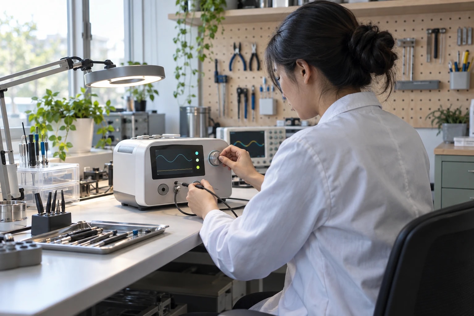 Illustrative: an engineer calibrating a medical device on a workbench