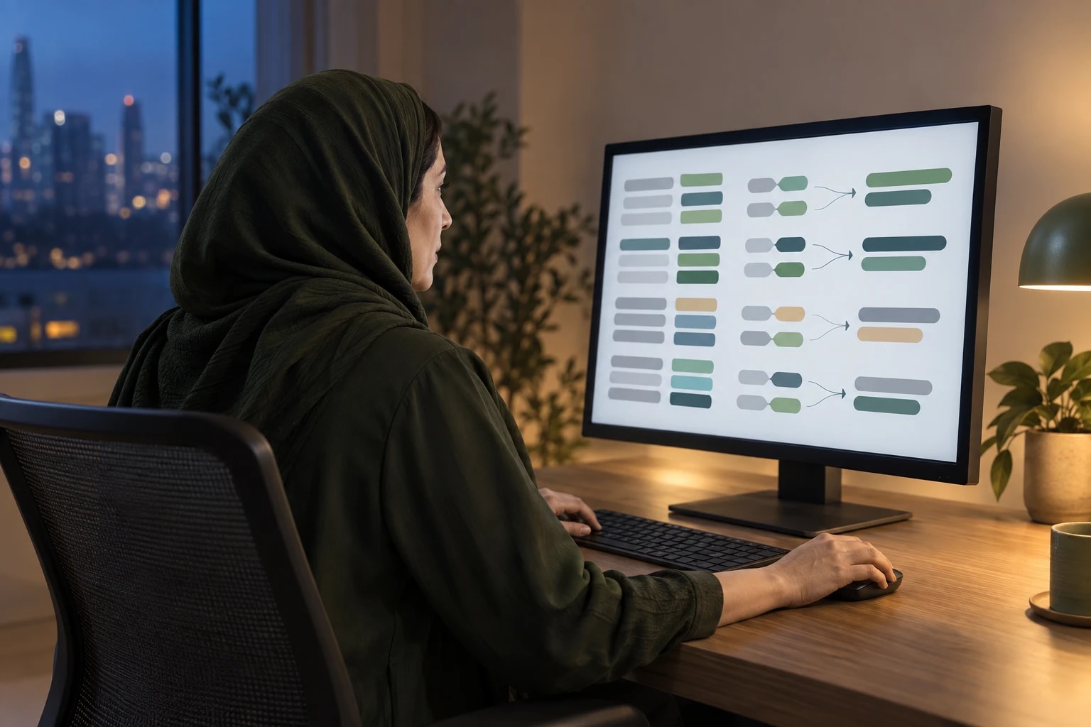 Illustrative: a data specialist merging duplicate records on a monitor of abstract rows