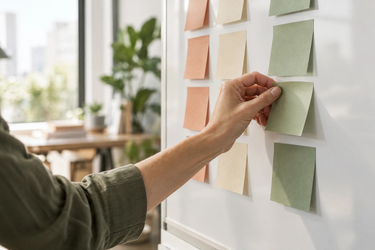 Illustrative: close-up of a hand sorting colored sticky notes into columns on a whiteboard