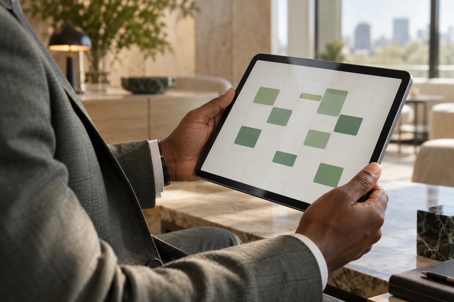 Illustrative: a calendar app on a tablet showing green meeting blocks, held by a professional in a suit jacket