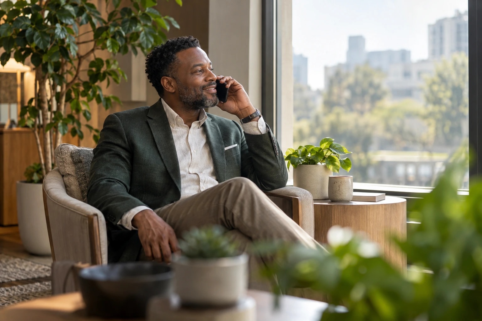 Illustrative: an account manager on a relaxed phone call with a long-time client, seated by a window with plants