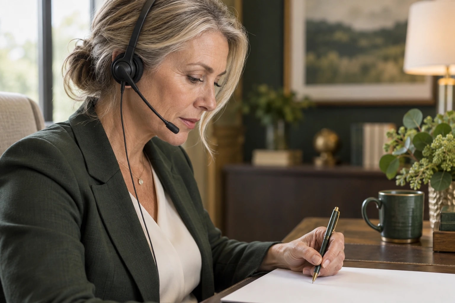 Illustrative: a qualification specialist listening intently on a headset, pen poised over a blank form