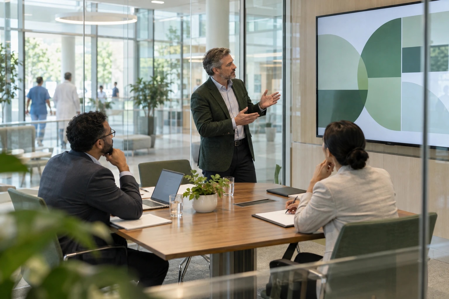 Illustrative: a hospital consultant presenting to two administrators in a glass meeting room