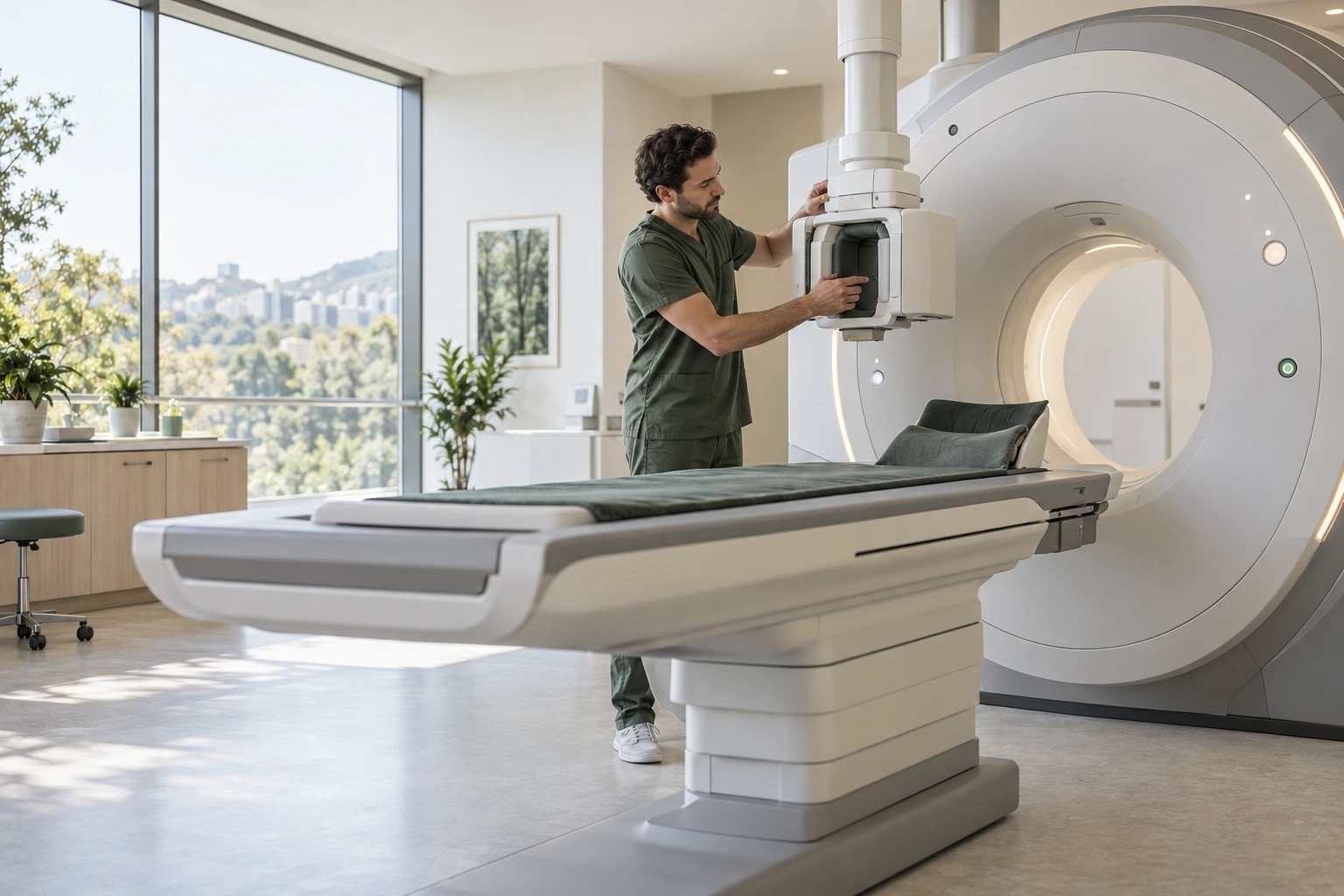 Illustrative: a medical imaging device in a clean, bright room, a technician adjusting it