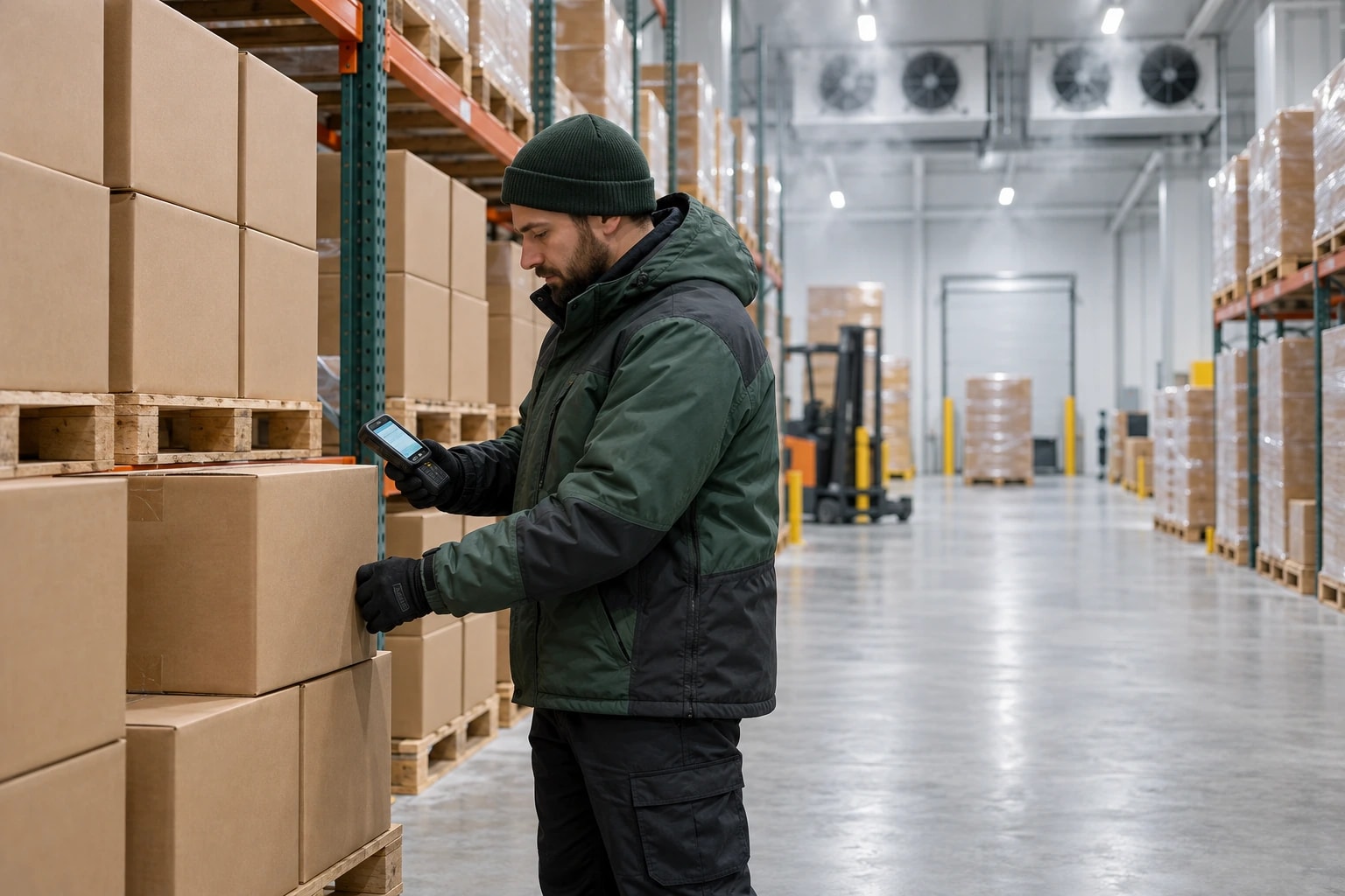 Illustrative: pallets of boxed goods in a cold-storage warehouse, a worker in a thermal jacket scanning with a handheld device