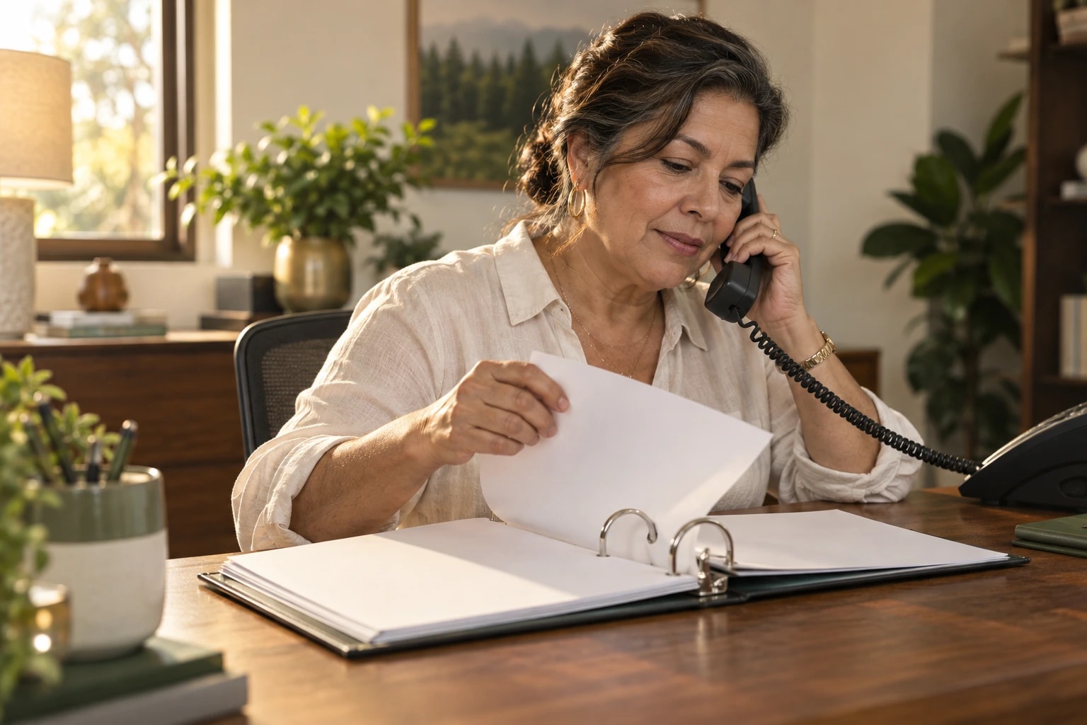 Illustrative: a rep flipping through a binder of blank customer records while on a desk phone