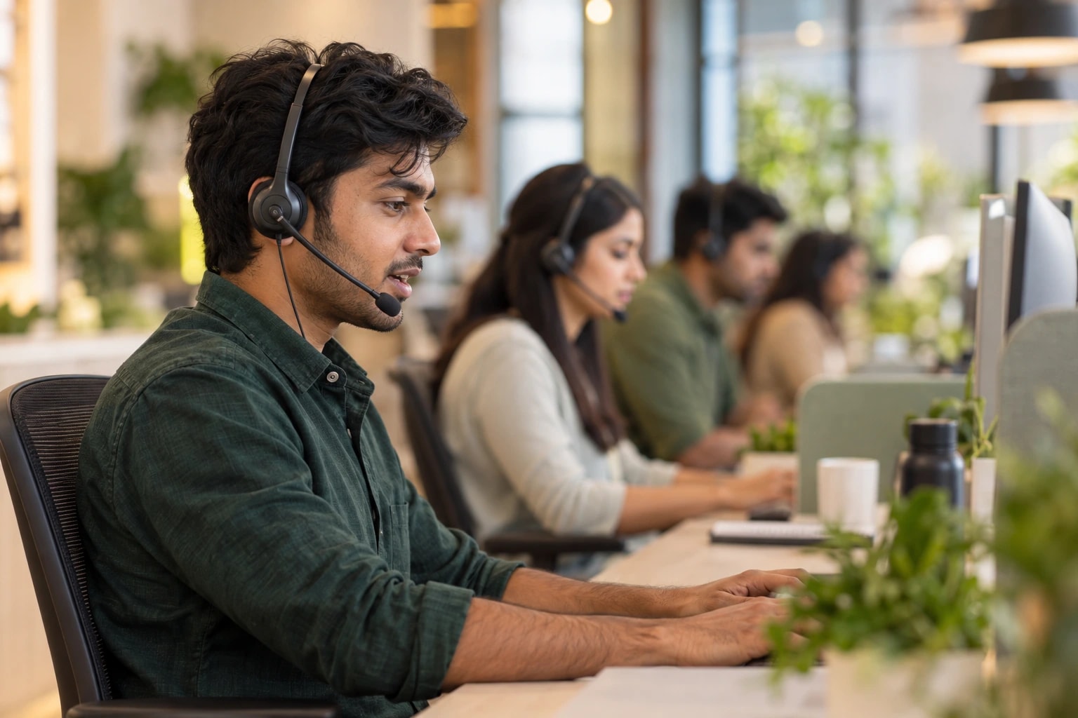 Illustrative: a telemarketer mid-call at a desk in a row of agents