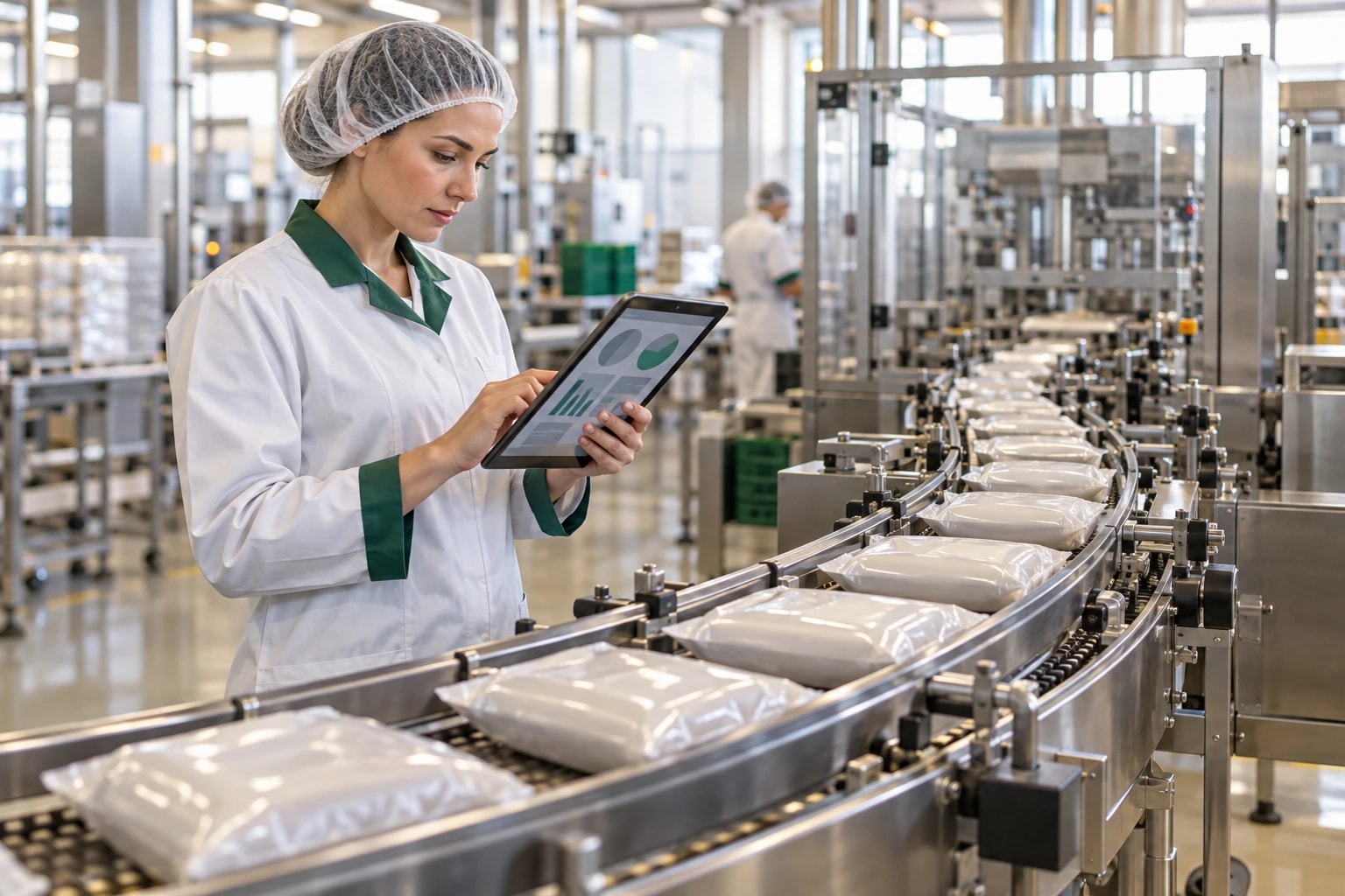 Illustrative: a food production line with stainless steel conveyors and packaged goods, a supervisor in a hairnet checking a tablet