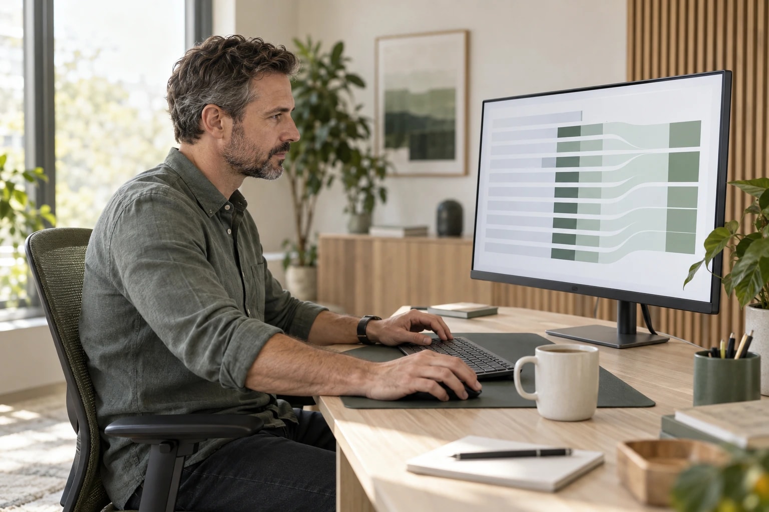 Illustrative: a data specialist at a desk with a monitor showing tidy rows being merged, coffee mug