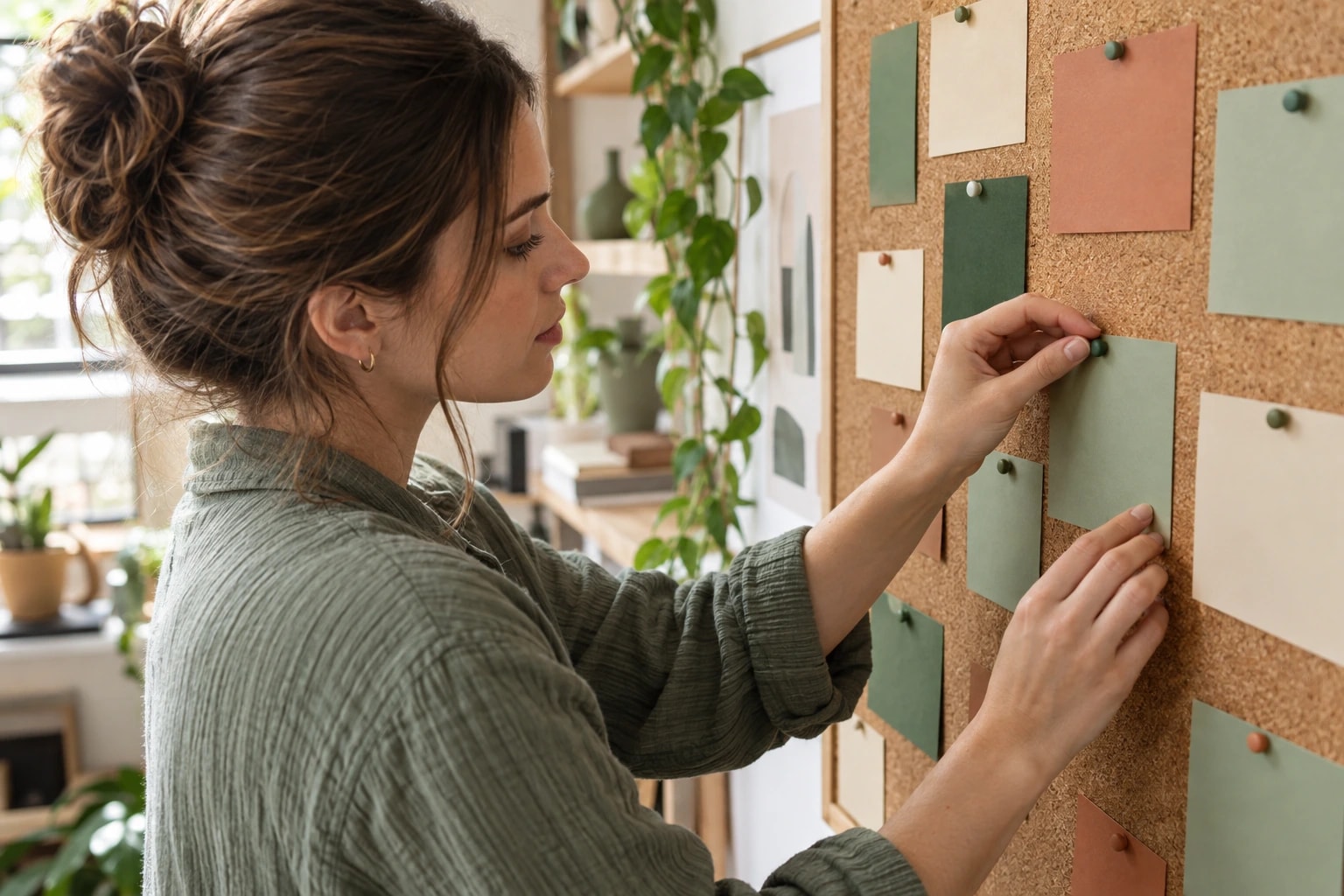 Illustrative: a marketer pinning blank colored cards to a corkboard to map target accounts