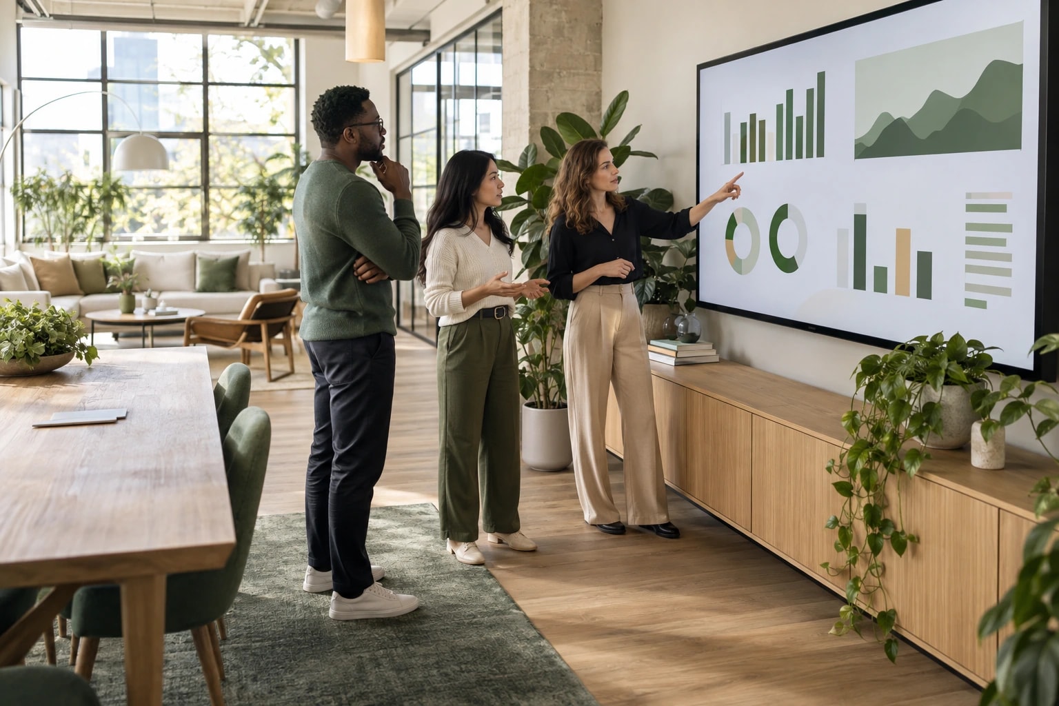 Illustrative: a digital marketing team of three reviewing analytics charts on a big wall screen