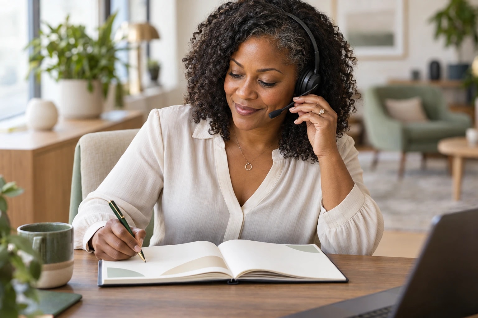 Illustrative: an appointment setter smiling slightly as she confirms a time on a headset, notebook open