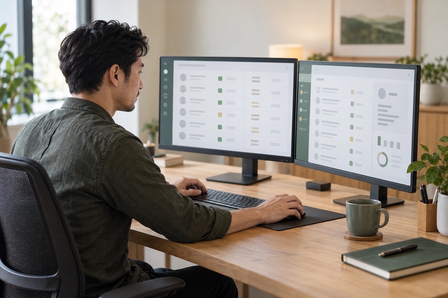 Illustrative: a lead generation specialist researching accounts with two monitors of account lists