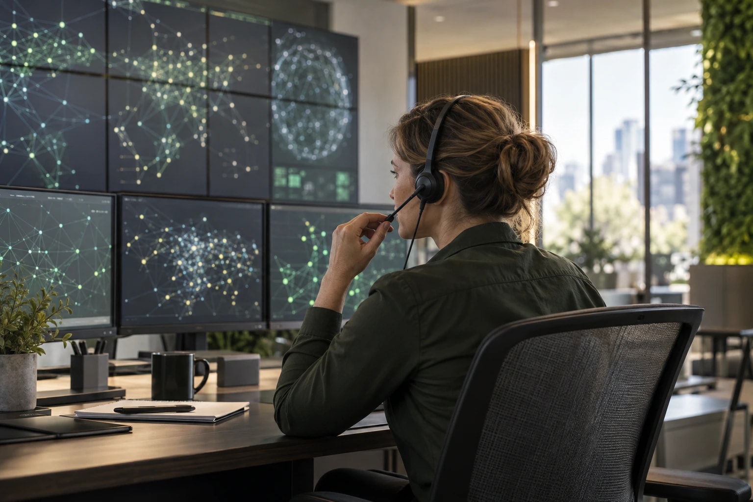 Illustrative: a security team lead on a call beside a wall of monitors with network diagrams