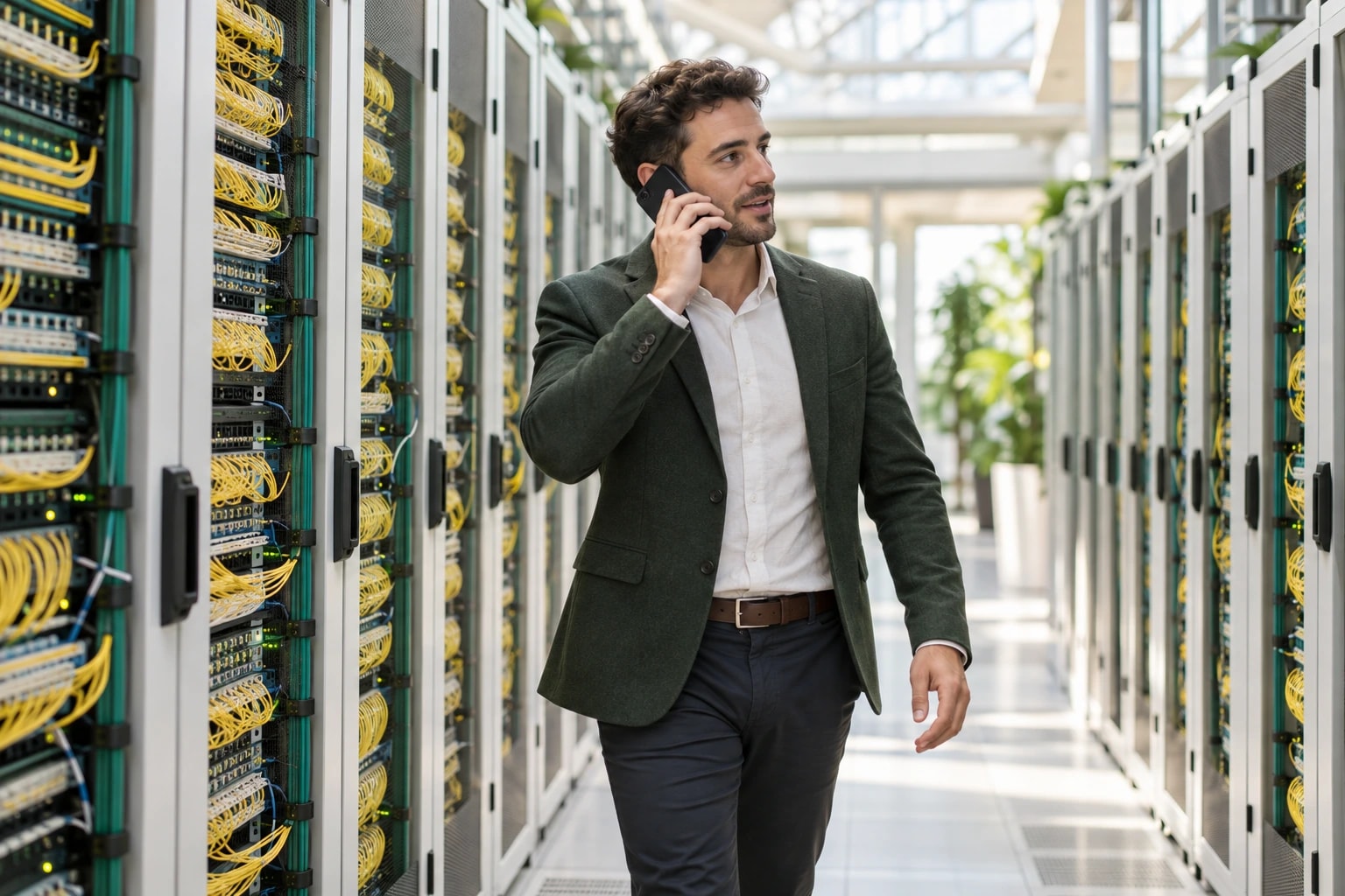 Illustrative: a telecom account manager walking past rows of fiber cabinets, phone to ear