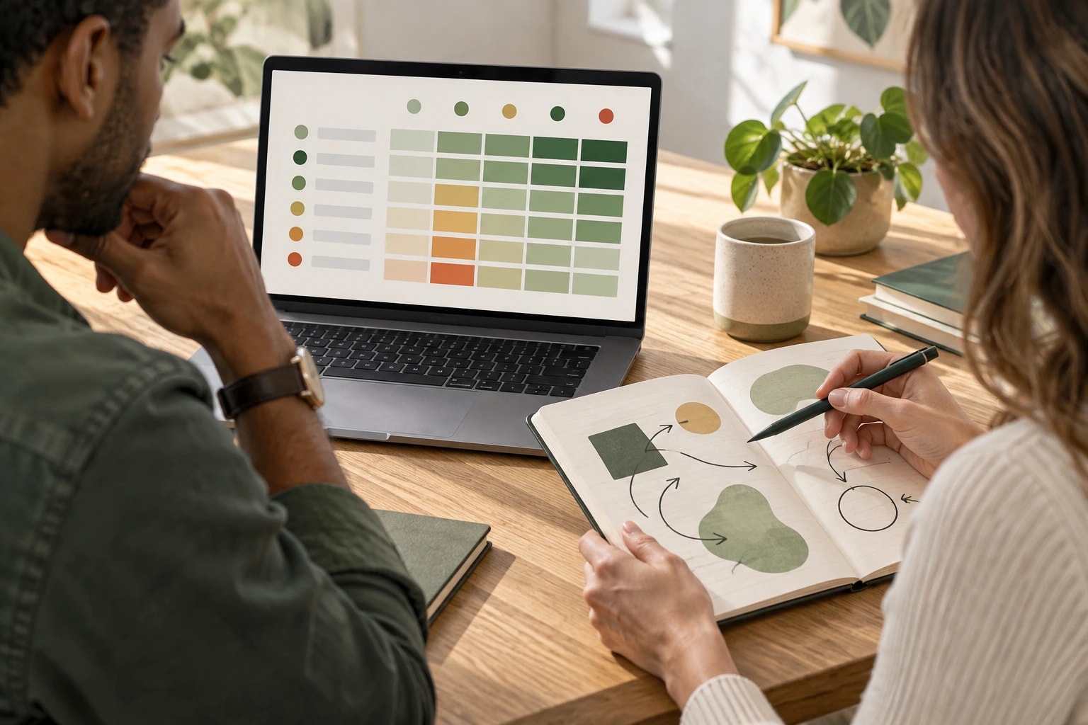 Illustrative: two SDRs comparing notes over a laptop with a scoring grid