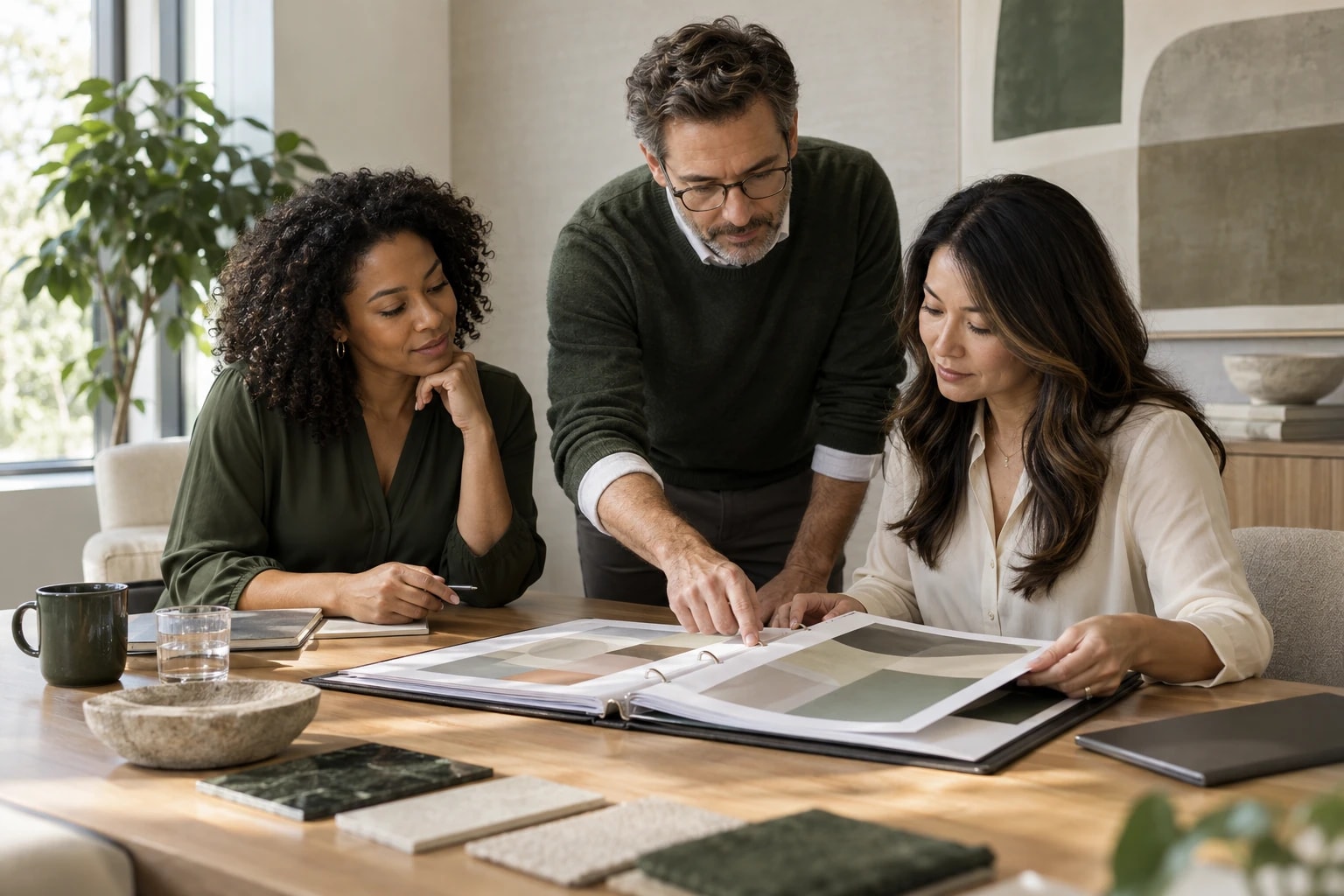 Illustrative: a campaign team reviewing a finished project binder around a conference table