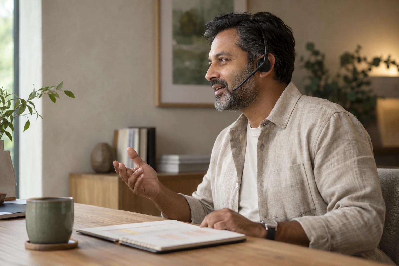 Illustrative: a friendly adviser answering questions on a call with a notebook of prepared answers