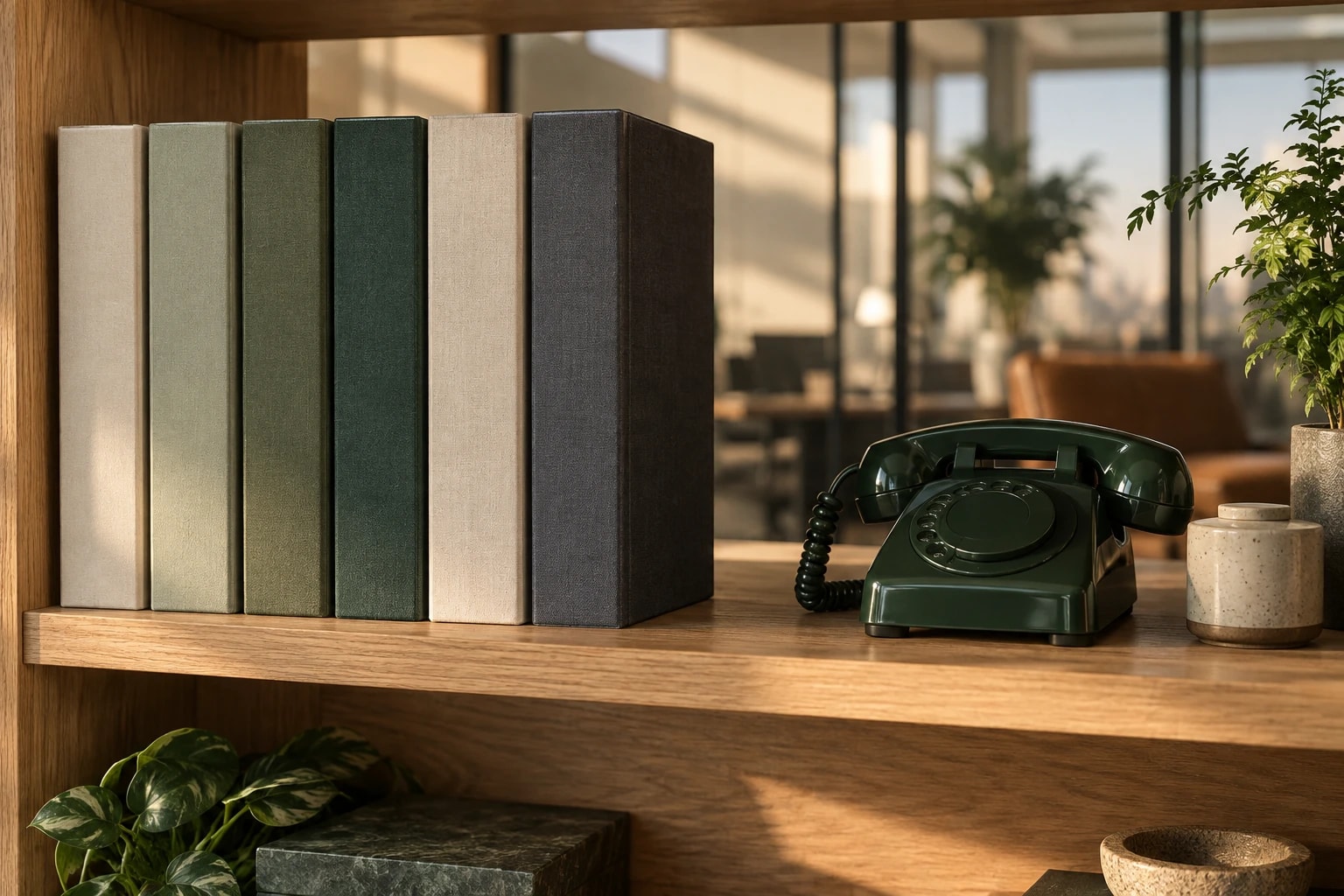 Illustrative: a shelf of archival binders and a vintage desk phone in a modern office
