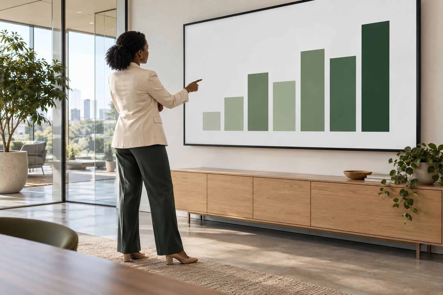 Illustrative: a manager tracking weekly booked meetings on a large abstract bar chart display