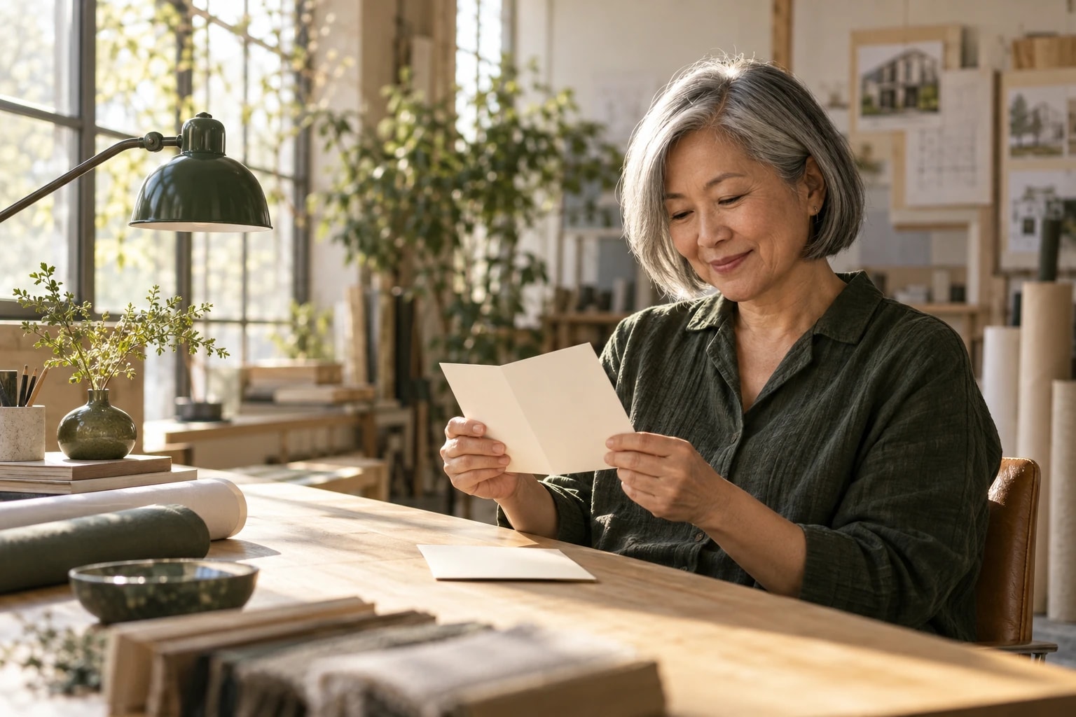 Illustrative: a business owner reading a thank-you note at her desk, smiling