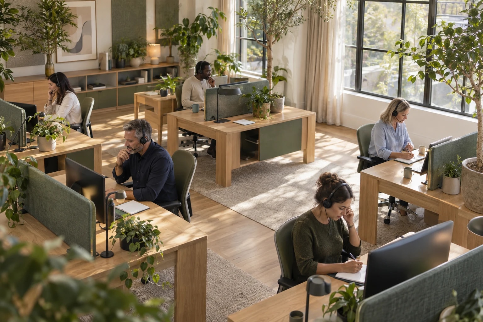 Illustrative: a calm, organized calling floor with plants, oak desks and natural light