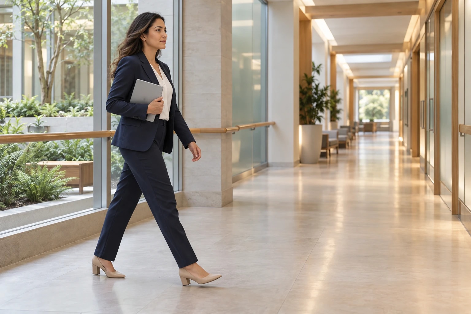 Illustrative: a healthcare consultant walking through a modern hospital corridor with a tablet