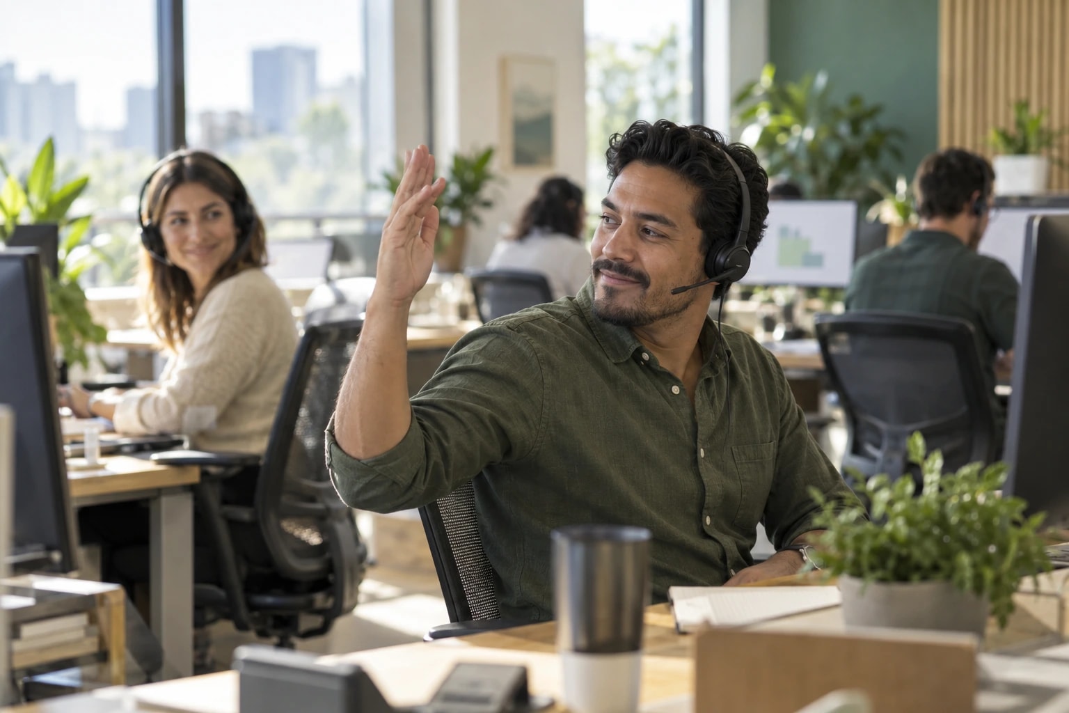 Illustrative: an SDR team member with a headset raising a hand to signal a booked meeting to a colleague